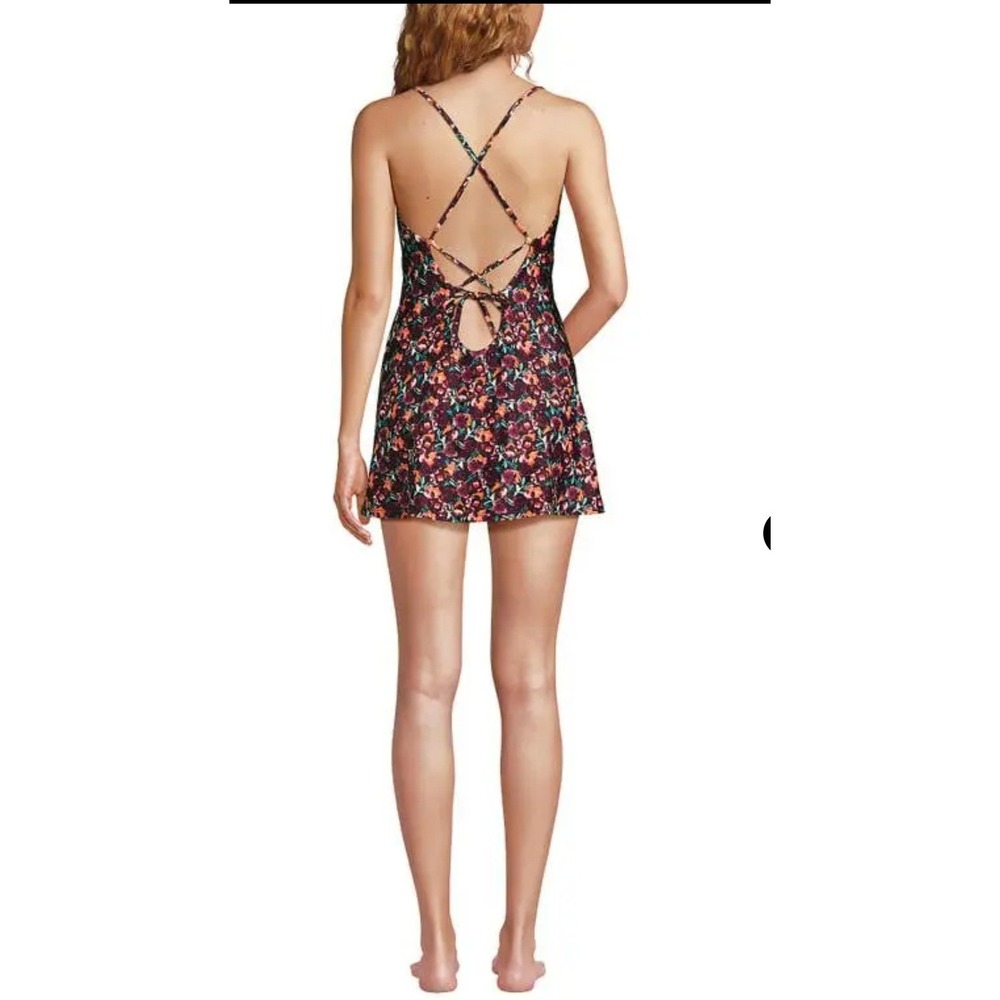 Floral Scoop Neck Swim Dress in Black and Coral - Picture 7 of 7